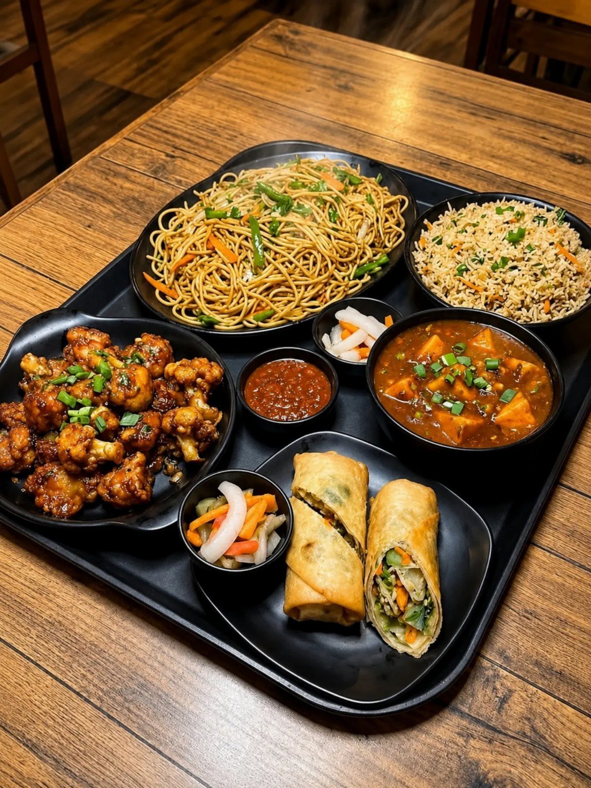 Asian food platter with noodles, fried rice, cauliflower, curry, and spring rolls.