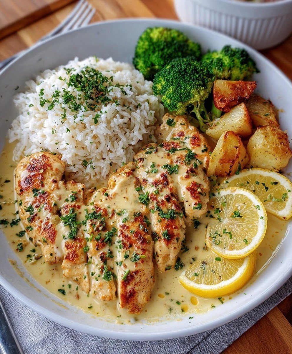 Creamy lemon pepper chicken with white rice, broccoli, roasted potatoes, and lemon slices.