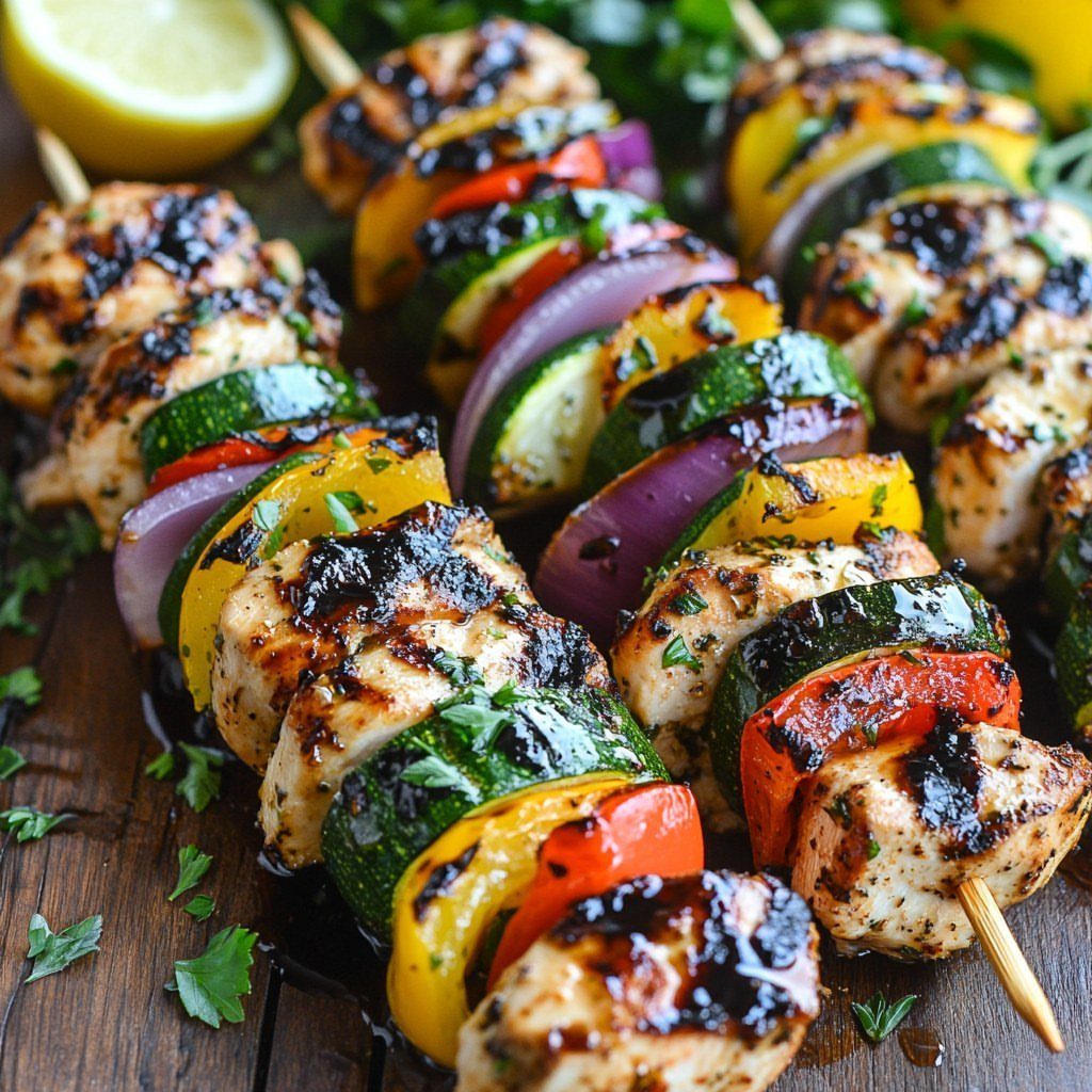 Grilled chicken and vegetable skewers with zucchini, peppers, and onions on wooden planks.