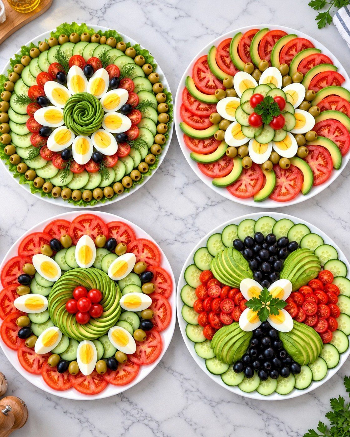 Four plates of colorful vegetable salads arranged in intricate, symmetrical floral patterns.