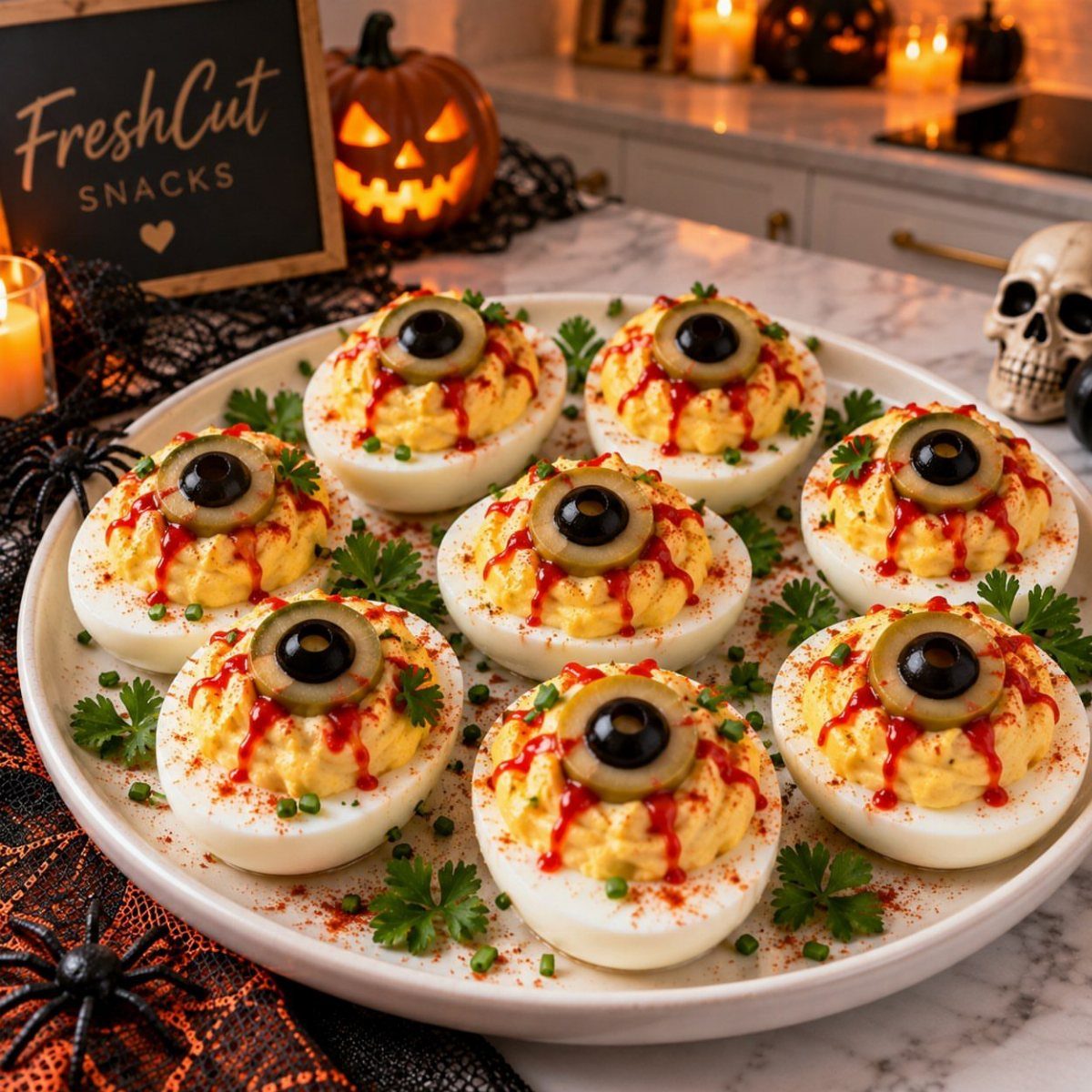 Deviled eggs decorated as eyeballs with olives and red sauce on a white plate.