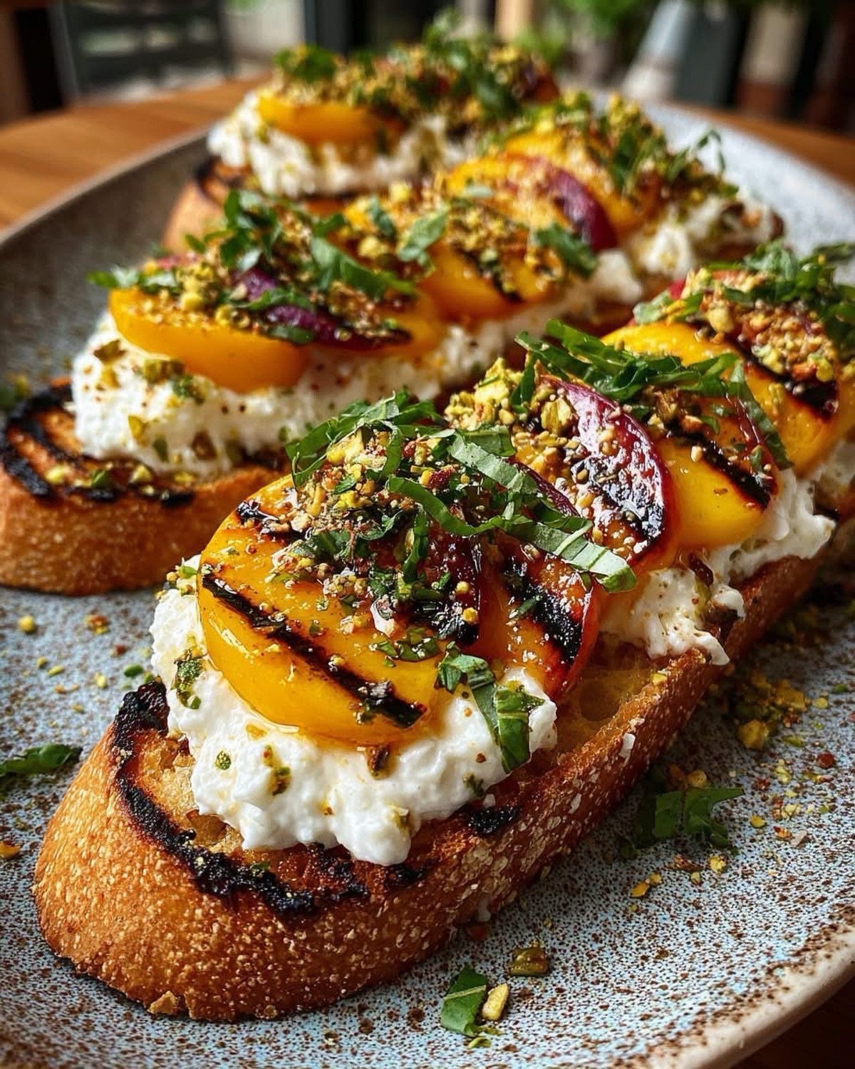 Grilled peach and cherry bruschetta with goat cheese and pistachios on toasted bread.