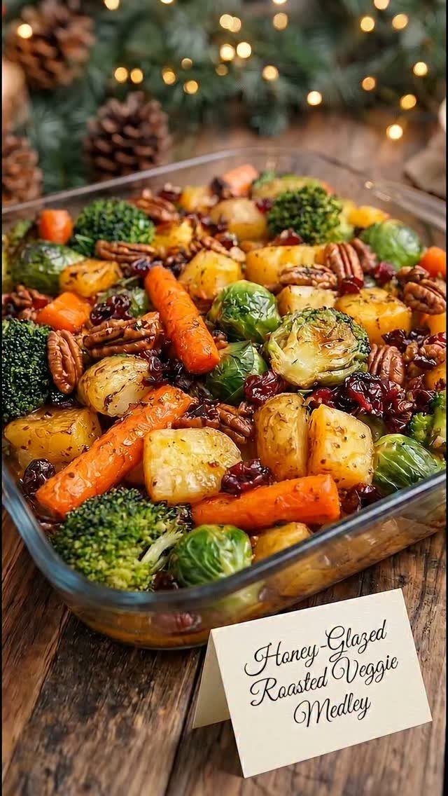 Roasted vegetable medley with carrots and broccoli in a glass baking dish.