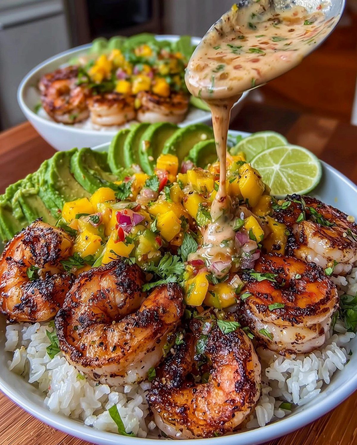 Grilled shrimp bowl with mango salsa, avocado, and rice with sauce being poured.