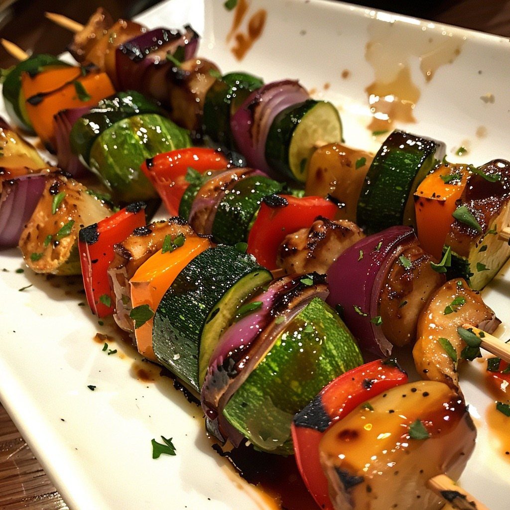 Grilled vegetable skewers with zucchini, peppers, and onions on a white platter.