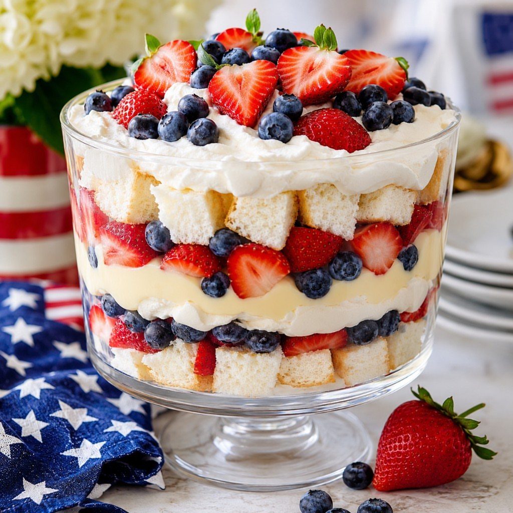 Layered berry trifle with strawberries and blueberries in a glass pedestal bowl.