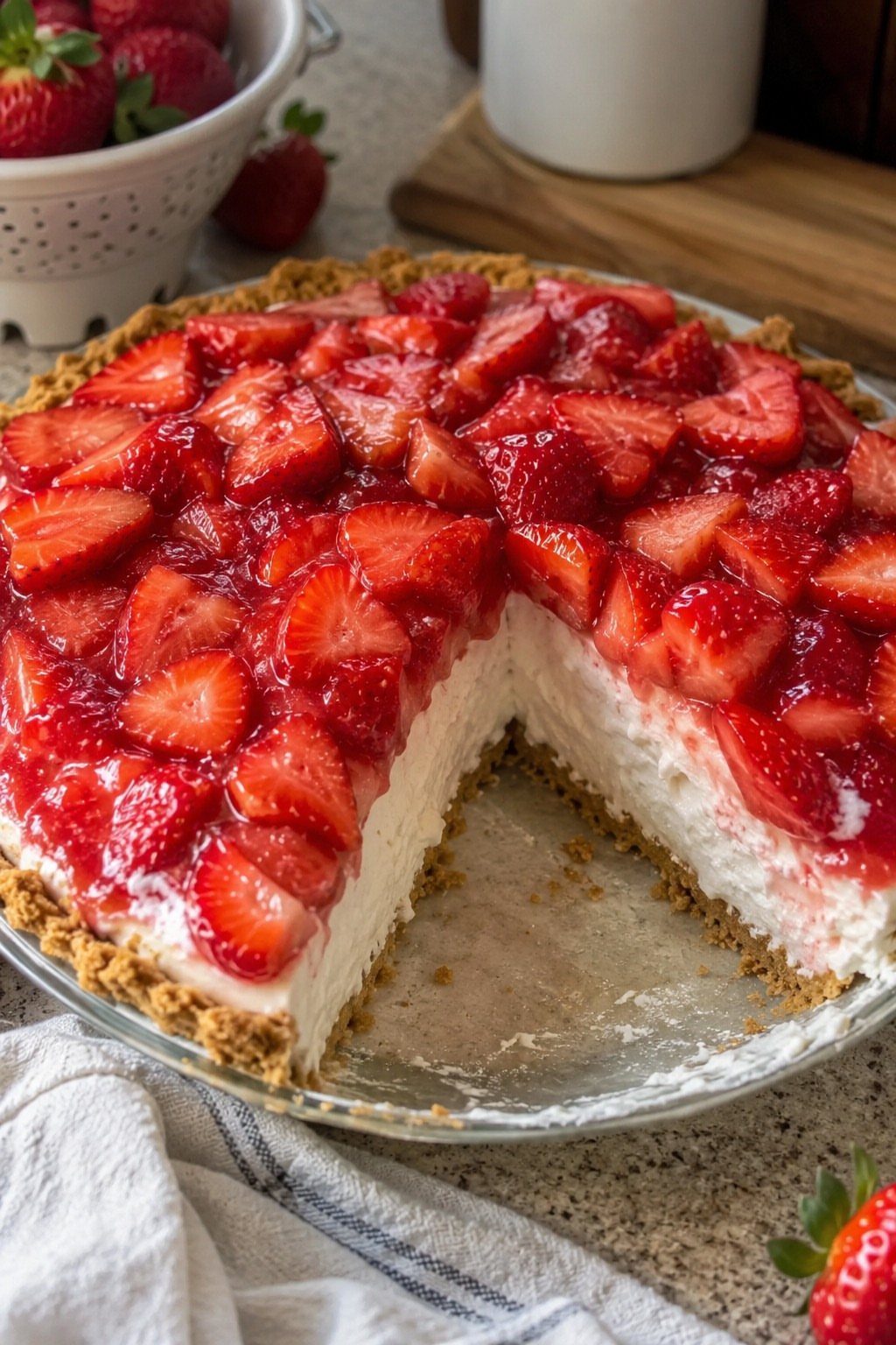 Strawberry cream pie with a graham cracker crust and glazed strawberry topping.