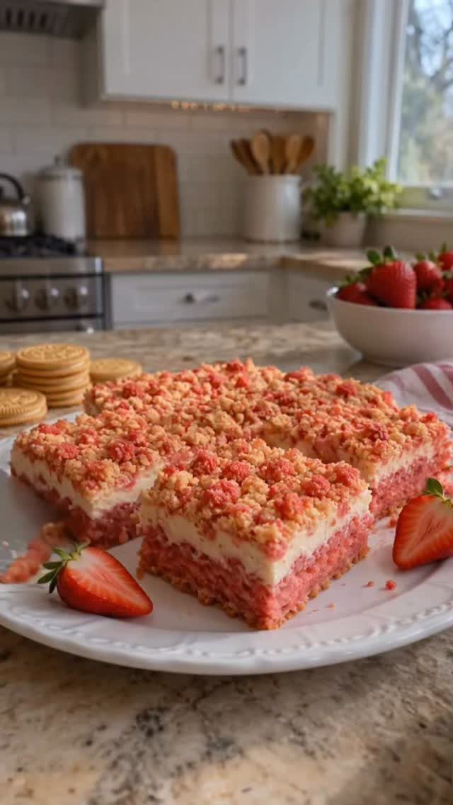 Layered strawberry crumble bars with cream filling on a white plate with fresh strawberries.
