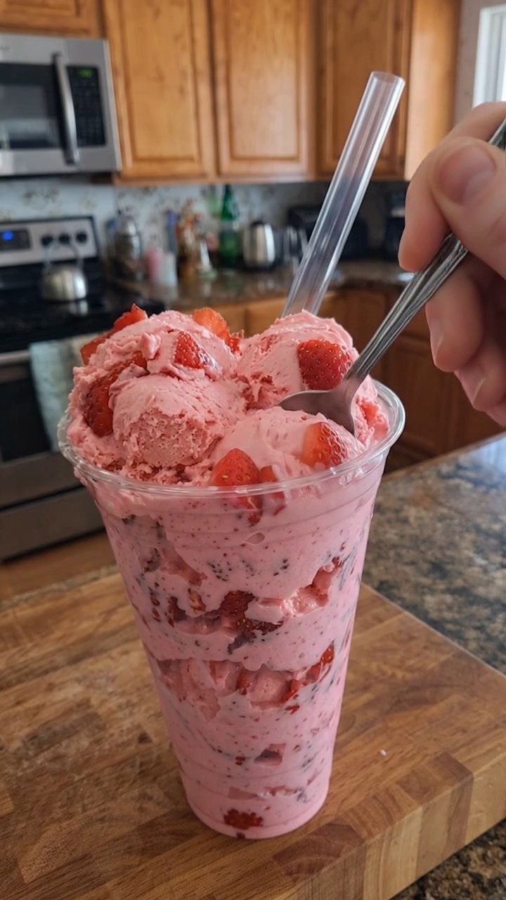 Strawberry ice cream with fresh strawberry pieces in a clear plastic cup.