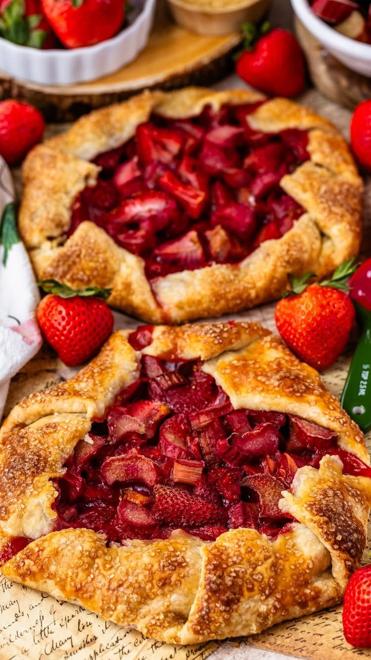 Two rustic strawberry rhubarb galettes with golden crusts and fresh strawberries on a table.