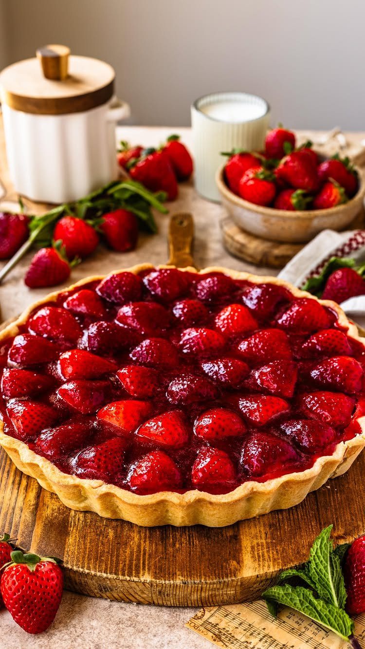 Strawberry tart with glazed berries on a wooden board with fresh strawberries nearby