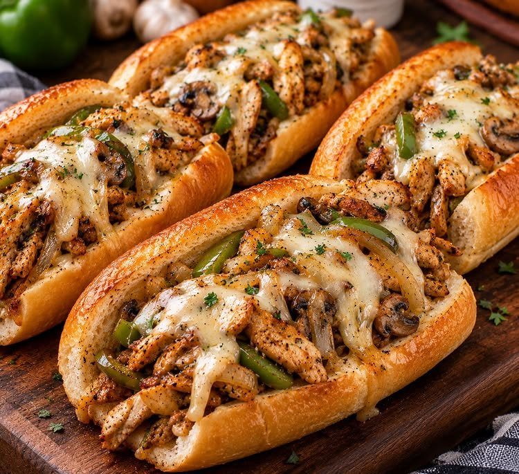 Chicken Philly cheesesteaks with melted cheese, peppers, and mushrooms in toasted hoagie rolls.