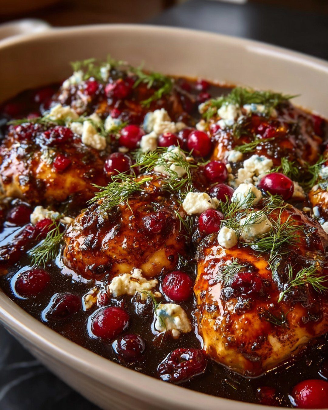 Chicken thighs in cranberry sauce topped with fresh cranberries, feta cheese, and dill.
