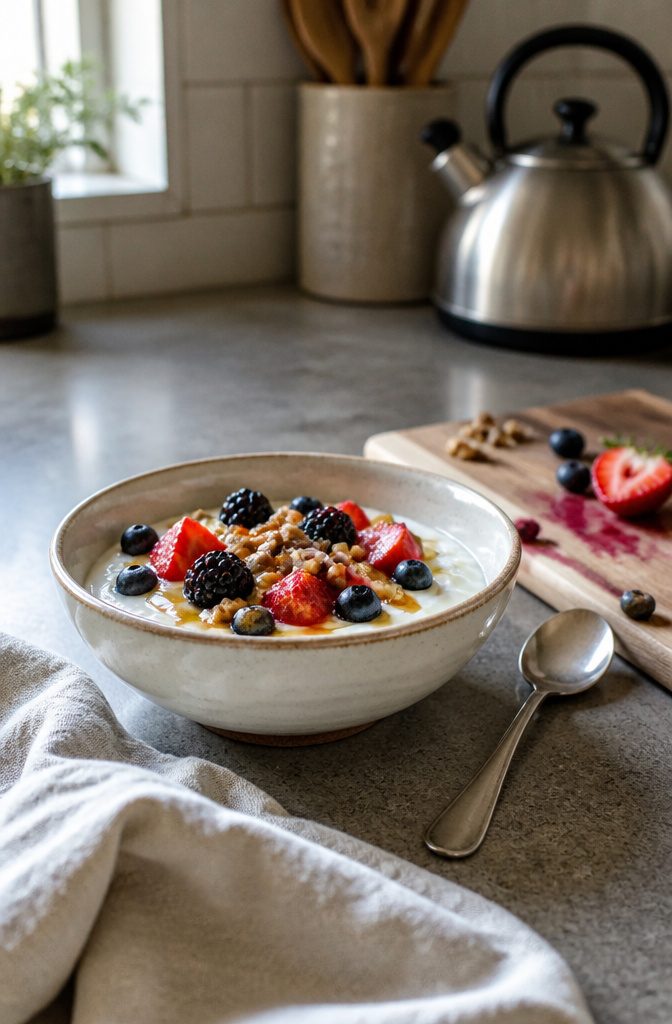 Nonfat Greek yogurt topped with whole berries chopped walnuts and glossy honey