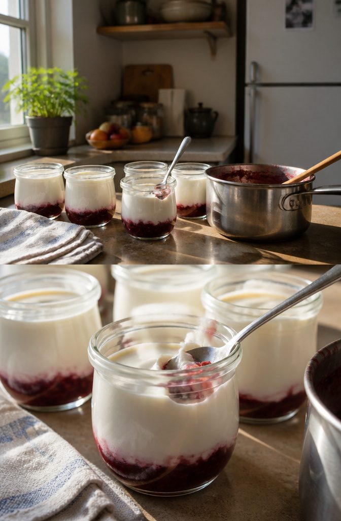 Small jars filled with fruit beneath homemade yogurt