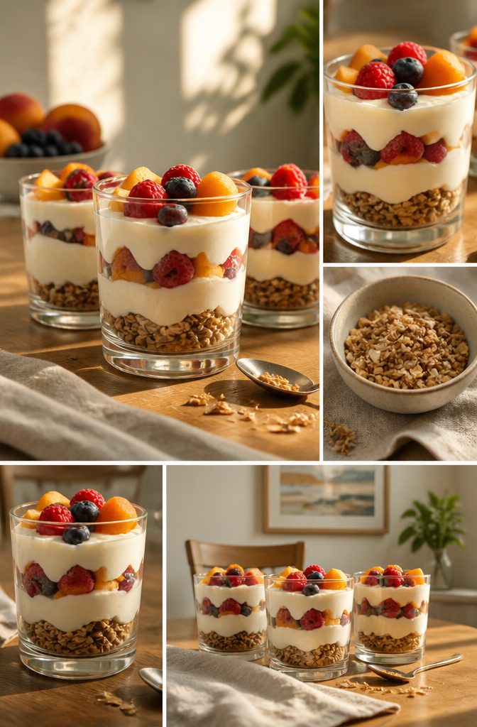 Parfait glasses layered with fruit yogurt cream and granola