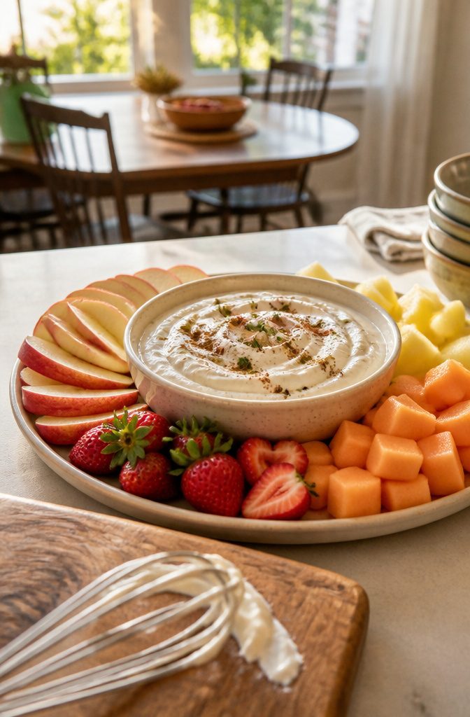 Bowl of creamy yogurt dip with honey and vanilla beside fresh fruit