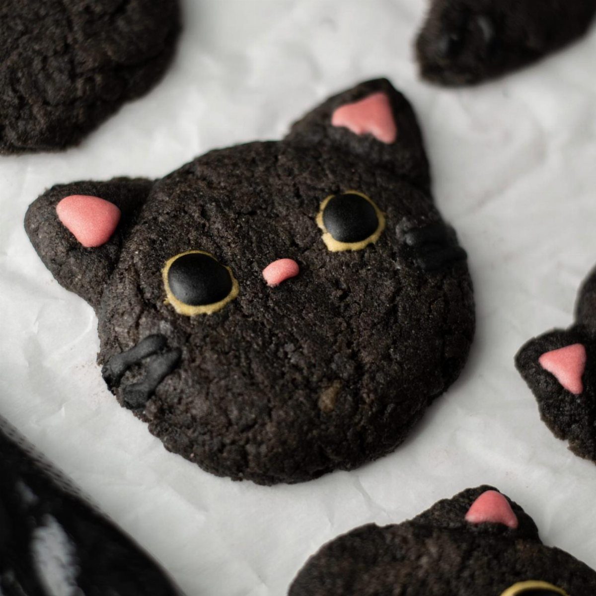Fun Shaped Cookies: 35 Cut-Out Cookie Recipes to Decorate 6 Dark chocolate cat-shaped cookies with pink frosting and candy eyes on parchment paper.