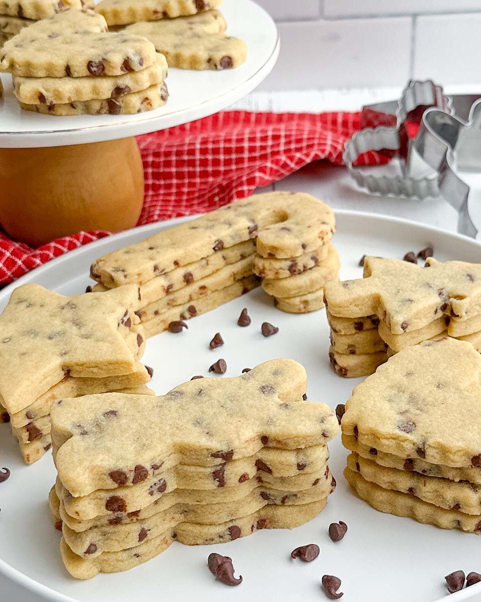 Fun Shaped Cookies: 35 Cut-Out Cookie Recipes to Decorate 4 Chocolate chip cookies in various fun shapes stacked on a white plate.