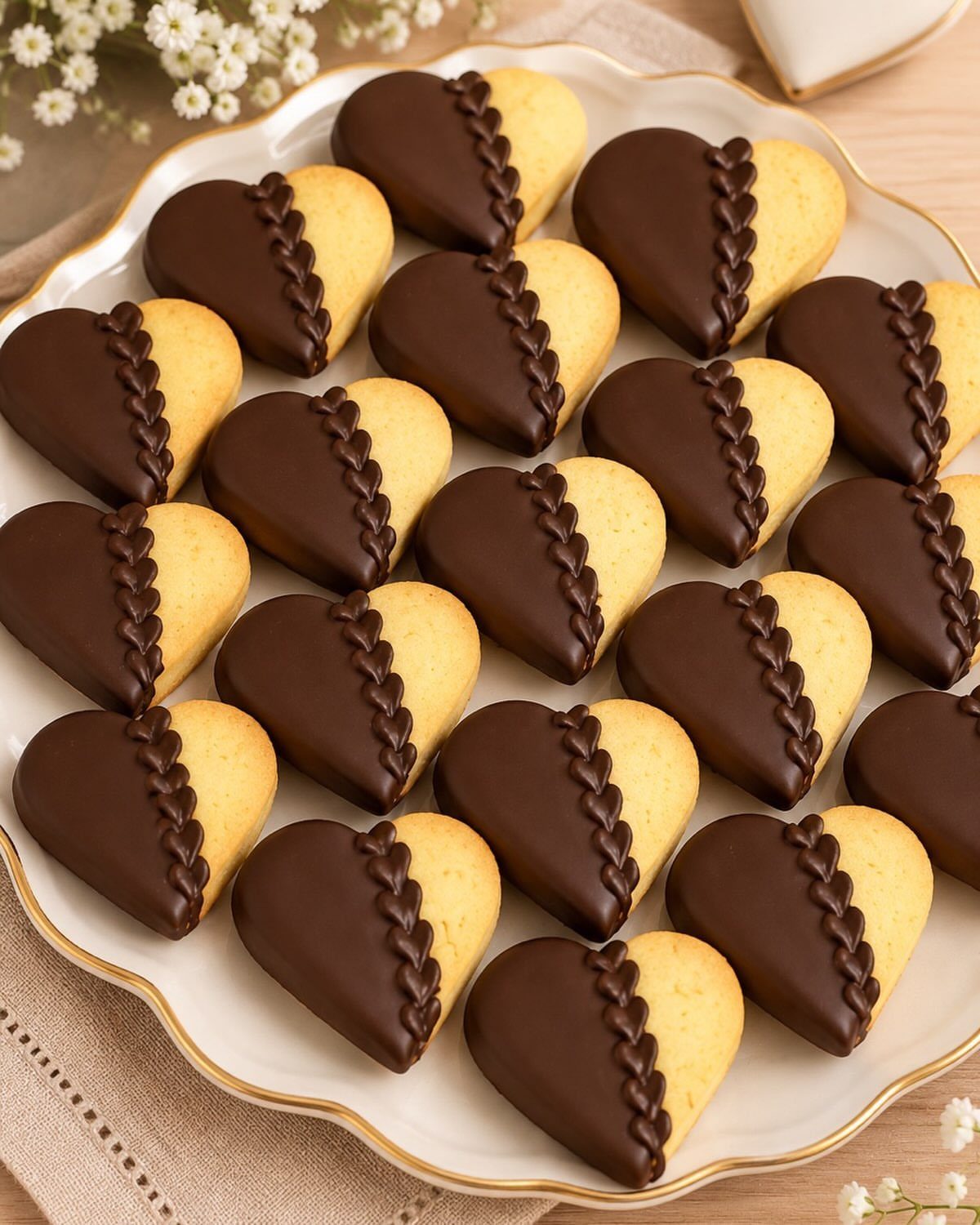 Fun Shaped Cookies: 35 Cut-Out Cookie Recipes to Decorate 34 Heart-shaped cookies half-dipped in dark chocolate arranged on a white scalloped plate.