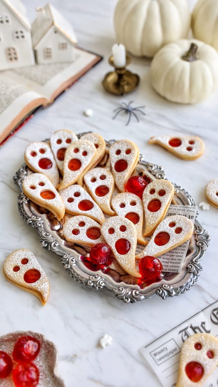 Fun Shaped Cookies: 35 Cut-Out Cookie Recipes to Decorate 15 Ghost shaped Linzer cookies with red jam filling on a decorative silver platter.