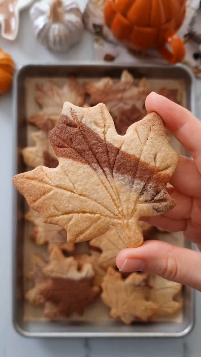Fun Shaped Cookies: 35 Cut-Out Cookie Recipes to Decorate 27 Leaf-shaped cookies held by a hand over a baking sheet with pumpkins.