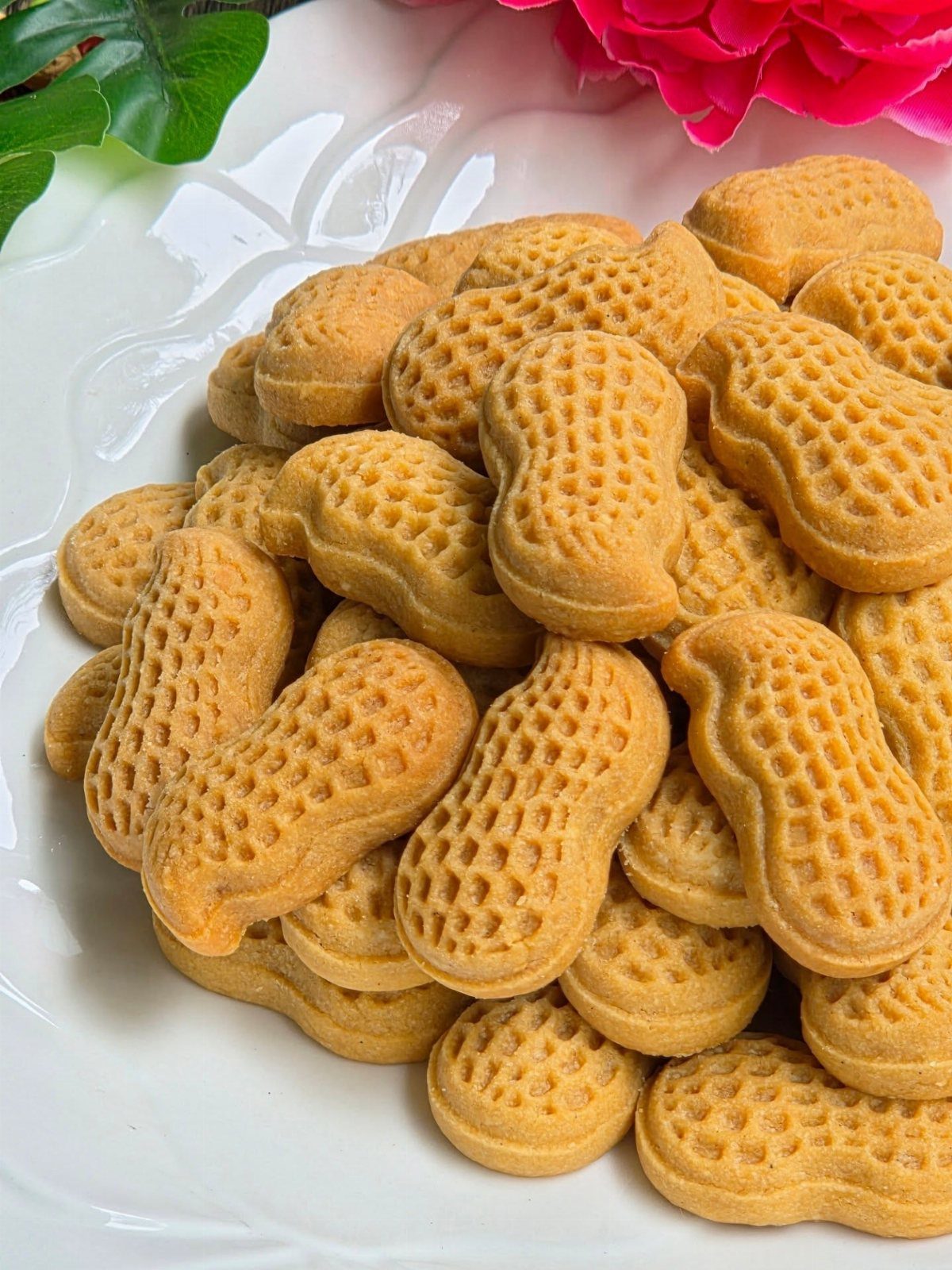 Fun Shaped Cookies: 35 Cut-Out Cookie Recipes to Decorate 2 Peanut shaped golden-brown cookies piled on a white decorative ceramic plate.