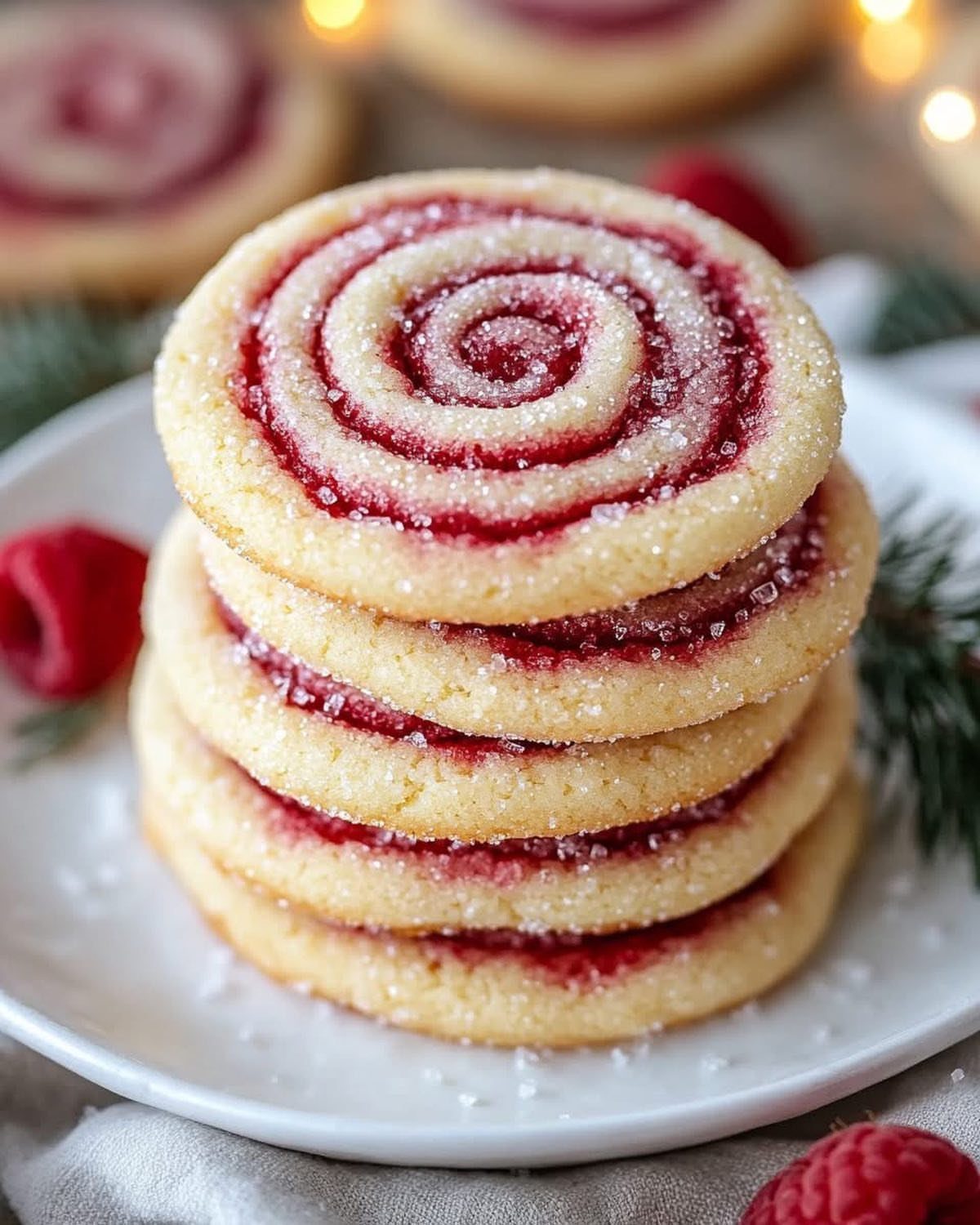 Fun Shaped Cookies: 35 Cut-Out Cookie Recipes to Decorate 16 Spiral raspberry sugar cookies stacked on a white plate with fresh raspberries.