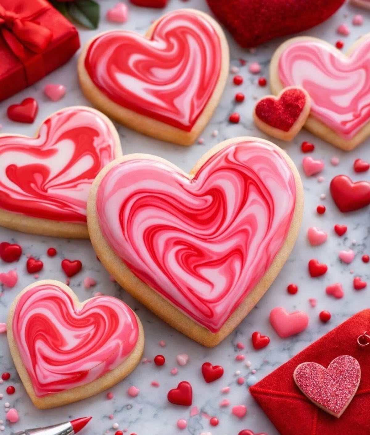 Fun Shaped Cookies: 35 Cut-Out Cookie Recipes to Decorate 19 Heart-shaped cookies with red and white swirled icing on a marble surface.