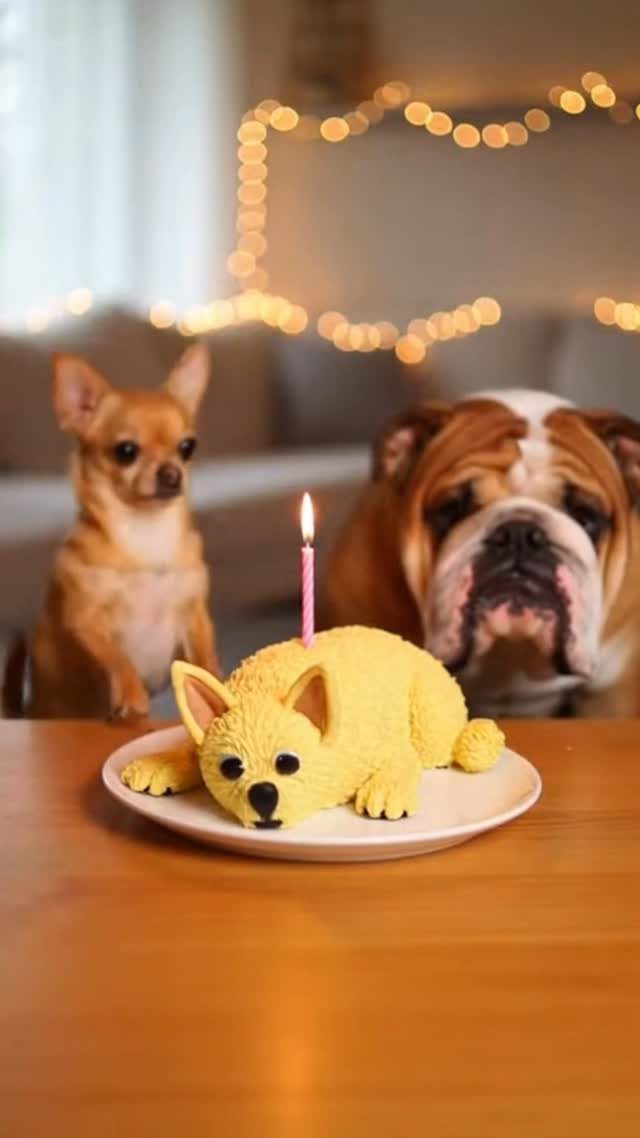 24 Funny Cakes Ideas for Birthdays, From Pizza to Poop Emoji 15 Yellow dog shaped cake with a pink candle and two real dogs watching.