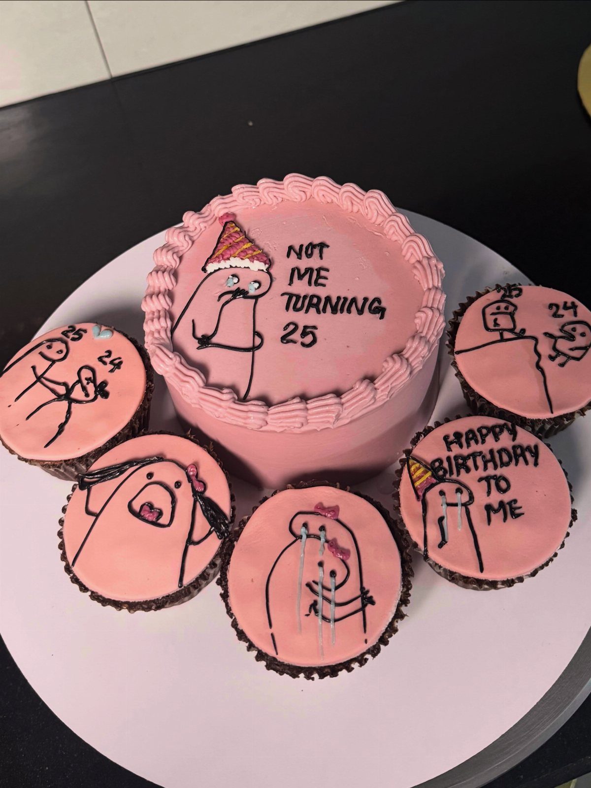 24 Funny Cakes Ideas for Birthdays, From Pizza to Poop Emoji 23 Pink birthday cake and cupcakes with funny character drawings and birthday text.