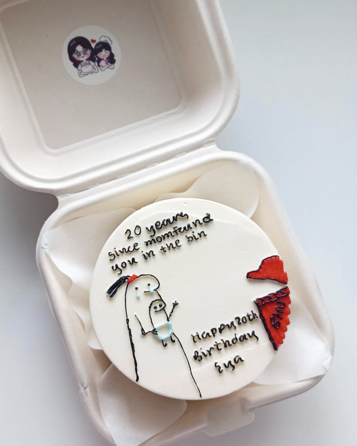 24 Funny Cakes Ideas for Birthdays, From Pizza to Poop Emoji 21 White frosted birthday cake with a funny message and drawing in a container