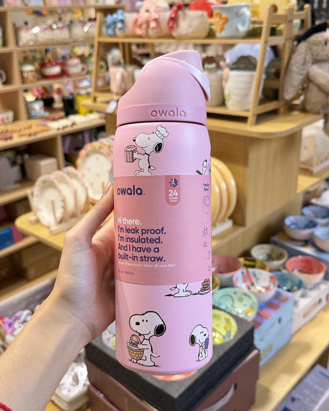 38 Gift Ideas for 13th Birthday in 2026, From Snoopy to LEGO 37 Pink Owala water bottle with Snoopy characters held in a gift shop setting.