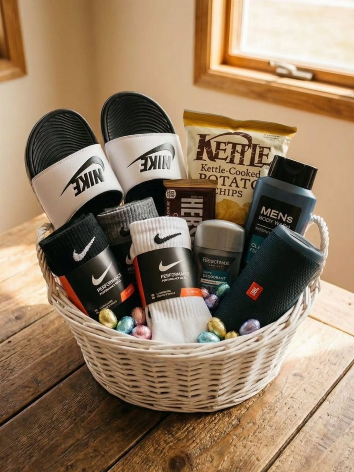 38 Gift Ideas for 13th Birthday in 2026, From Snoopy to LEGO 30 Gift basket with Nike slides, socks, snacks, and toiletries on a wooden table.