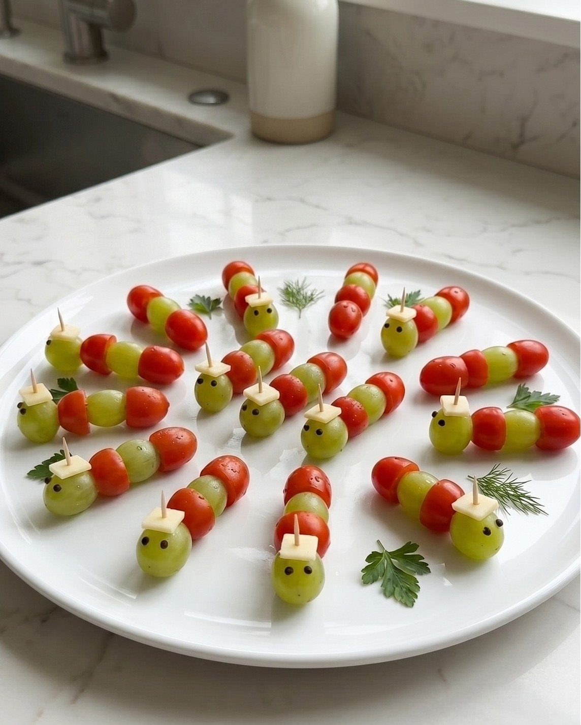 Caterpillar-shaped food skewers made of cherry tomatoes, green grapes, and cheese cubes.