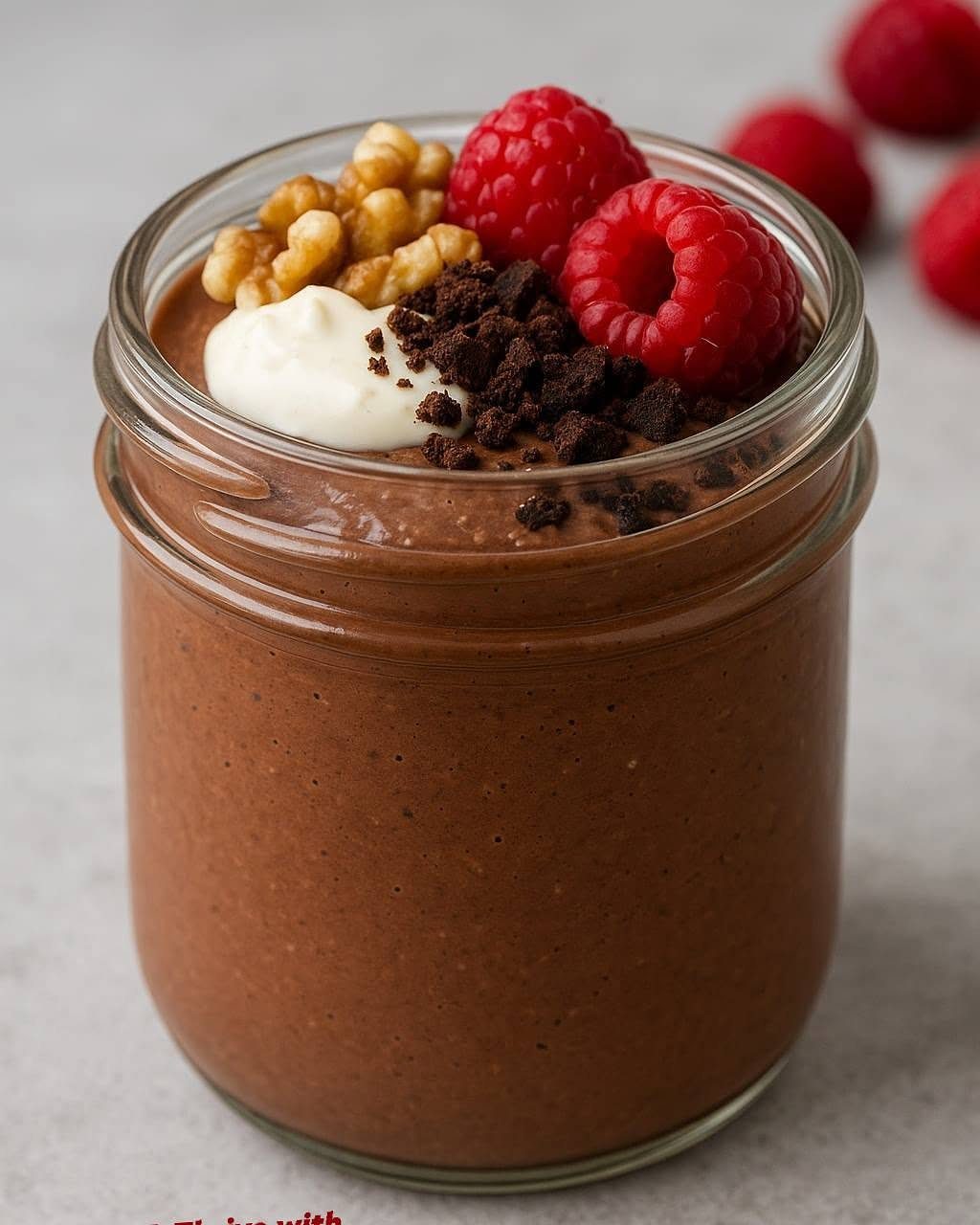 Chocolate mousse in a glass jar topped with raspberries, walnuts, and cream.