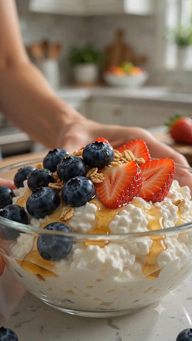 Cottage cheese topped with blueberries, strawberries, granola, and honey in a glass bowl.