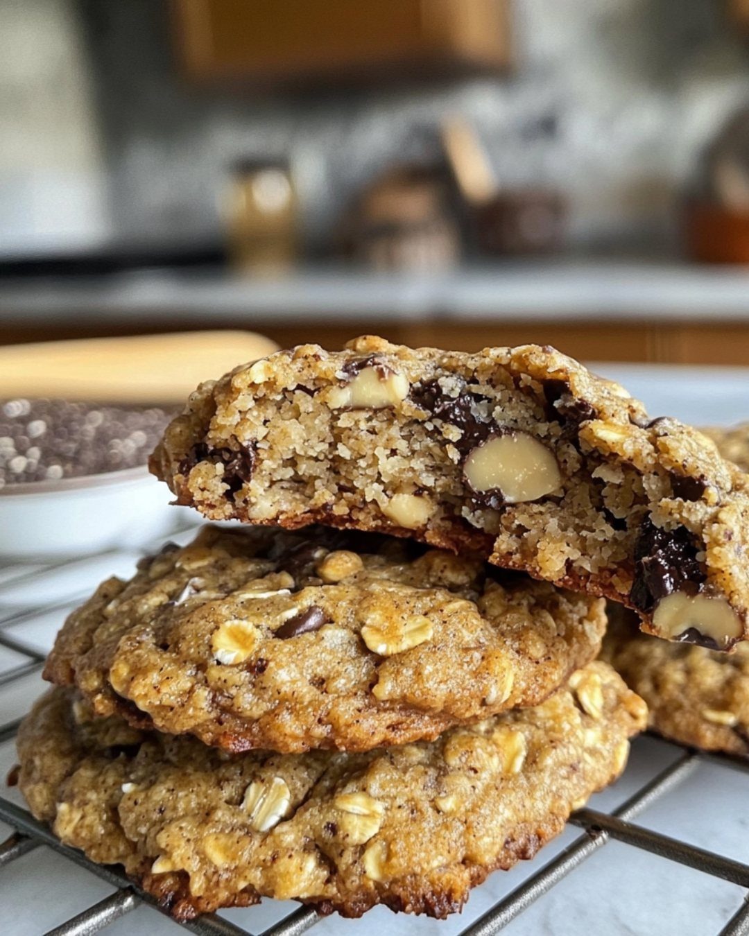 Oatmeal cookies with chocolate chips and nuts stacked on a metal cooling rack