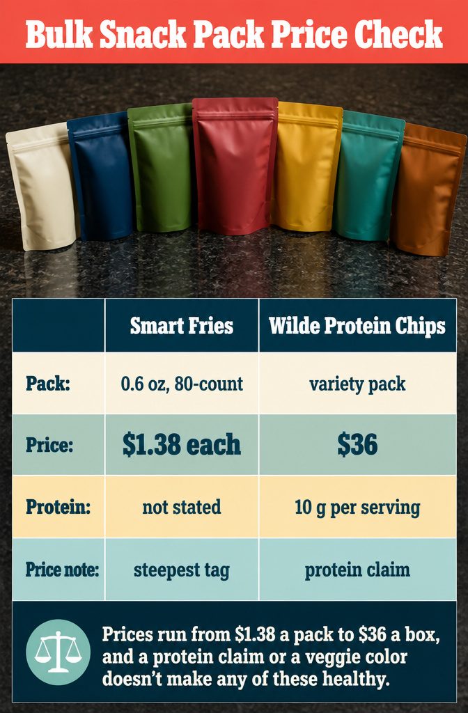 Bulk Snack Pack Price Check information graphic listing snack products pack sizes and prices