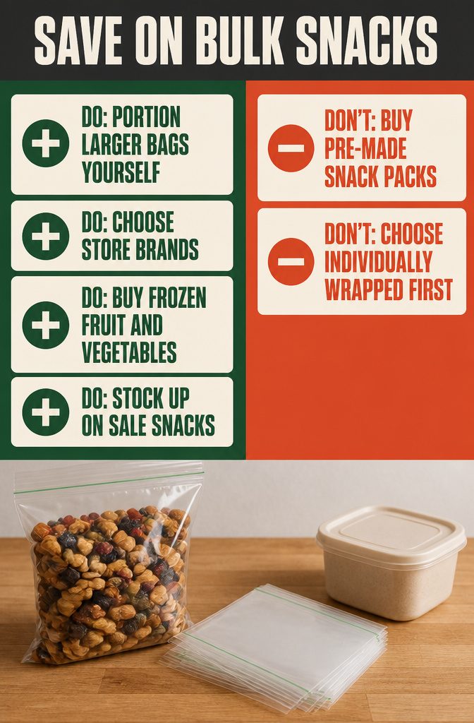 Save on Bulk Snacks information graphic with cost-saving shopping and prep tips