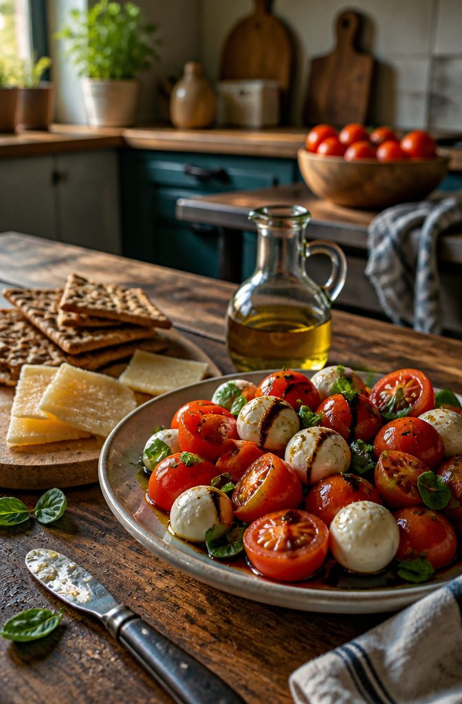 Cherry tomatoes mozzarella basil Parmesan pieces and whole-grain crackers on a plate