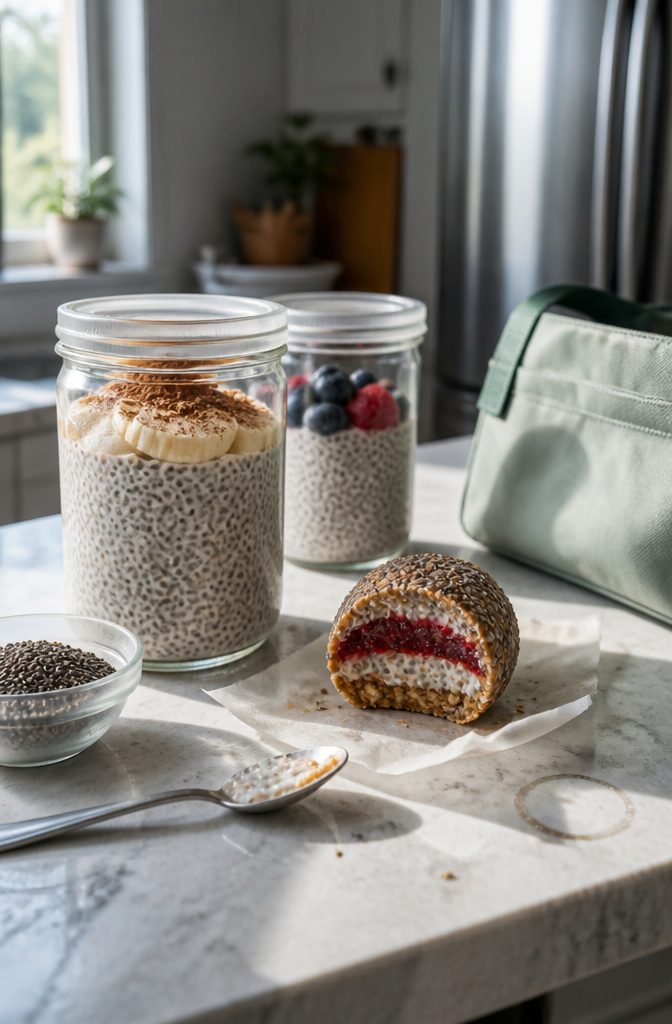 Chia pudding in covered jars beside packaged chia and fruit bites