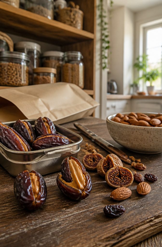 Dates and dried figs with almonds and nut butter on a small plate