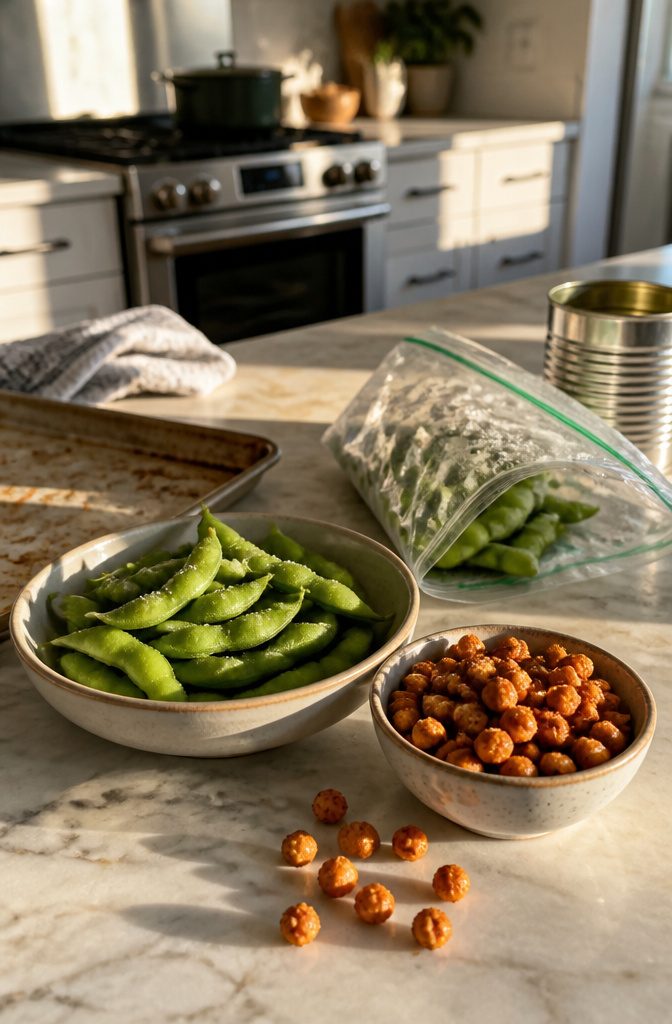 Edamame pods and roasted chickpeas seasoned with paprika and cumin beside a freezer bag and can