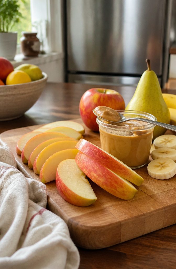 Sliced apple beside a small bowl of peanut butter