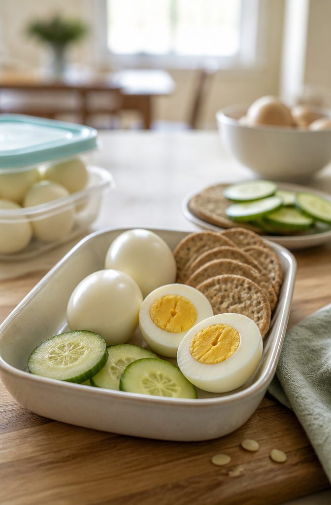 Peeled hard-boiled eggs beside whole-grain crackers and cucumber slices