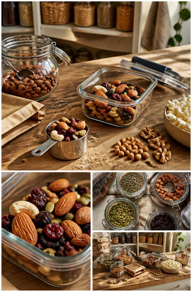 Mixed nuts seeds and dried fruit arranged for portioning into snack containers