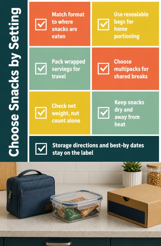 Choose Snacks by Setting information graphic comparing snack formats for different places