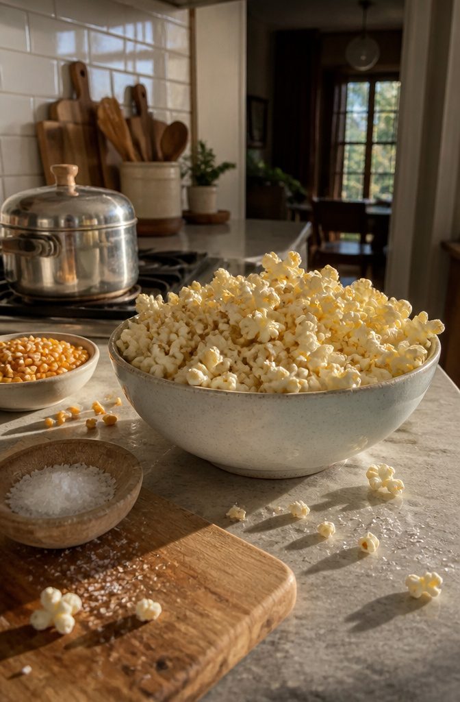 Bowl of air-popped popcorn with nutritional yeast and olive oil beside kernels and a stovetop popper