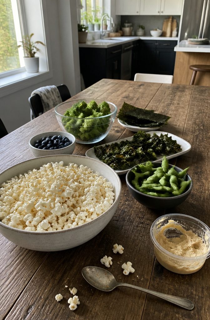 Air-popped popcorn broccoli florets blueberries edamame pods kale chips and seaweed sheets